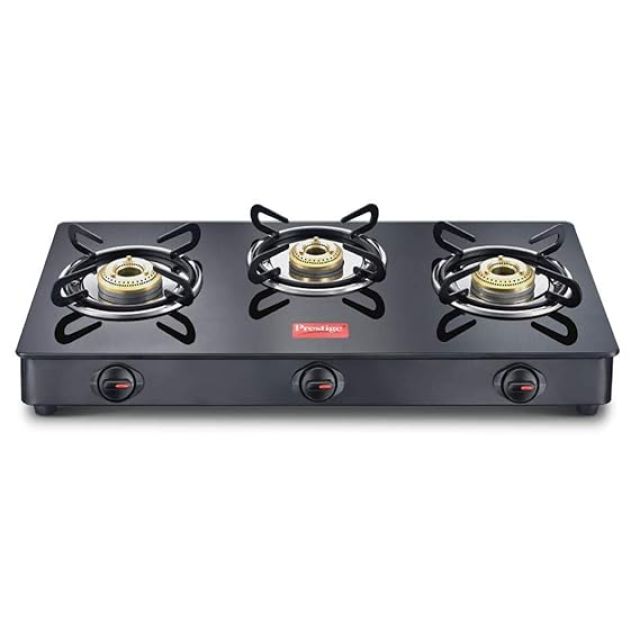 Prestige IRIS Toughened Glass-Top 3 Brass Burner LPG Gas Stove | Black Spill Proof Design